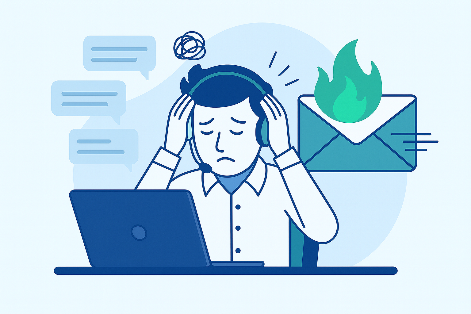 Agent support débordé par les tickets et emails — illustration d'introduction aux défis du support client.